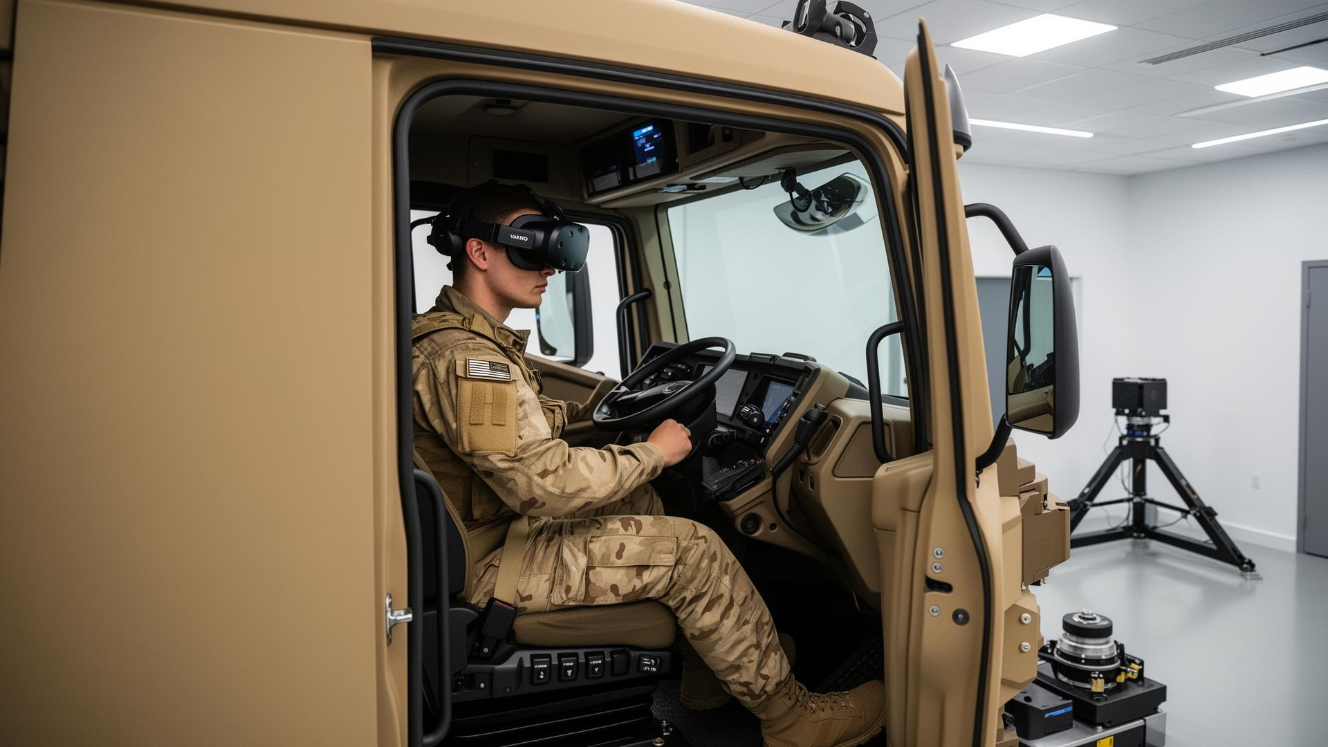 Soldat mit MR-Headset im Fahrsimulator-Cockpit eines Militaer-LKW von SIFAT Defense