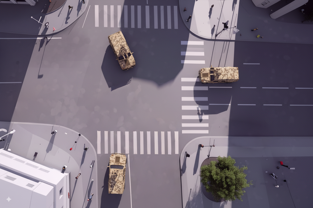 Drohnenaufnahme eines Militaerkonvois an einer Kreuzung – Ausgangslage fuer ein SIFAT Fahrsimulator-Szenario