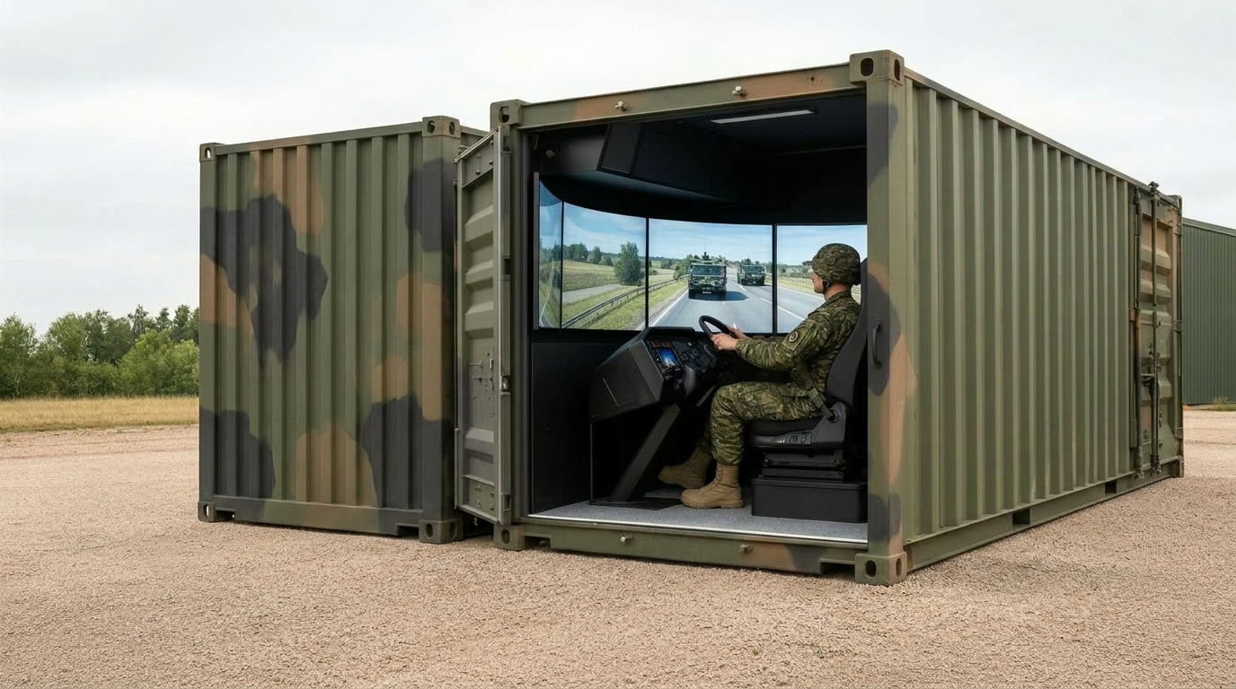 Mobiler Fahrsimulator im Militär-Container mit Fahrerplatz und Sichtsystem