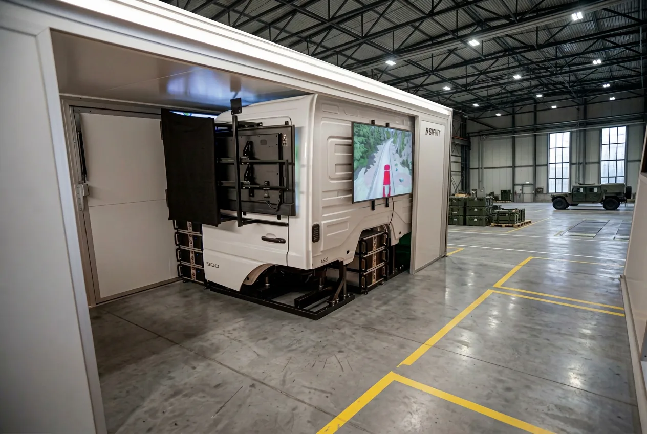 Container-Fahrsimulator mit LKW-Kabine in einer Militaer-Einsatzhalle