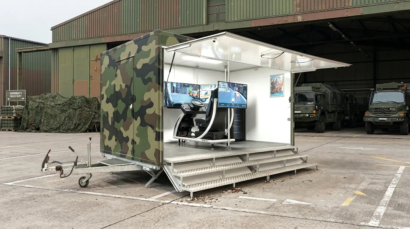 Mobiler Simulator-Anhaenger von SIFAT auf einem Kasernenhof