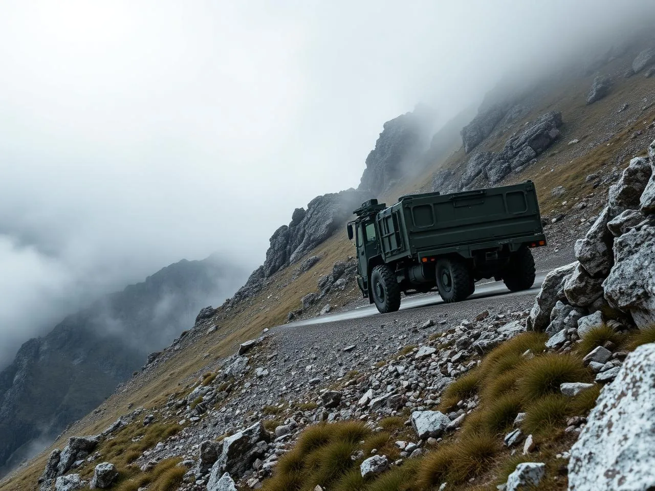 Militärisches Radfahrzeug auf Gebirgsstraße im Nebel